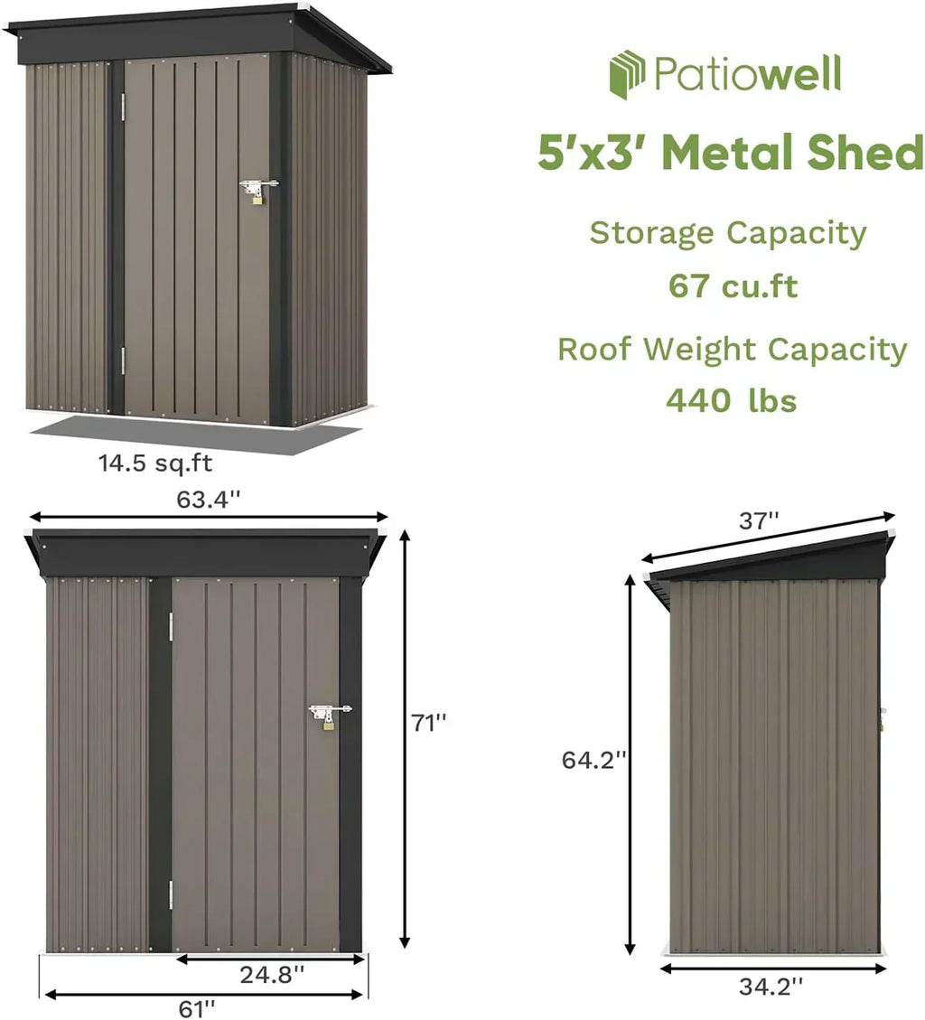Patiowell 5x3 FT Outdoor Storage Shed Tool Shed with Sloping Roof and Lockable Door Metal Shed