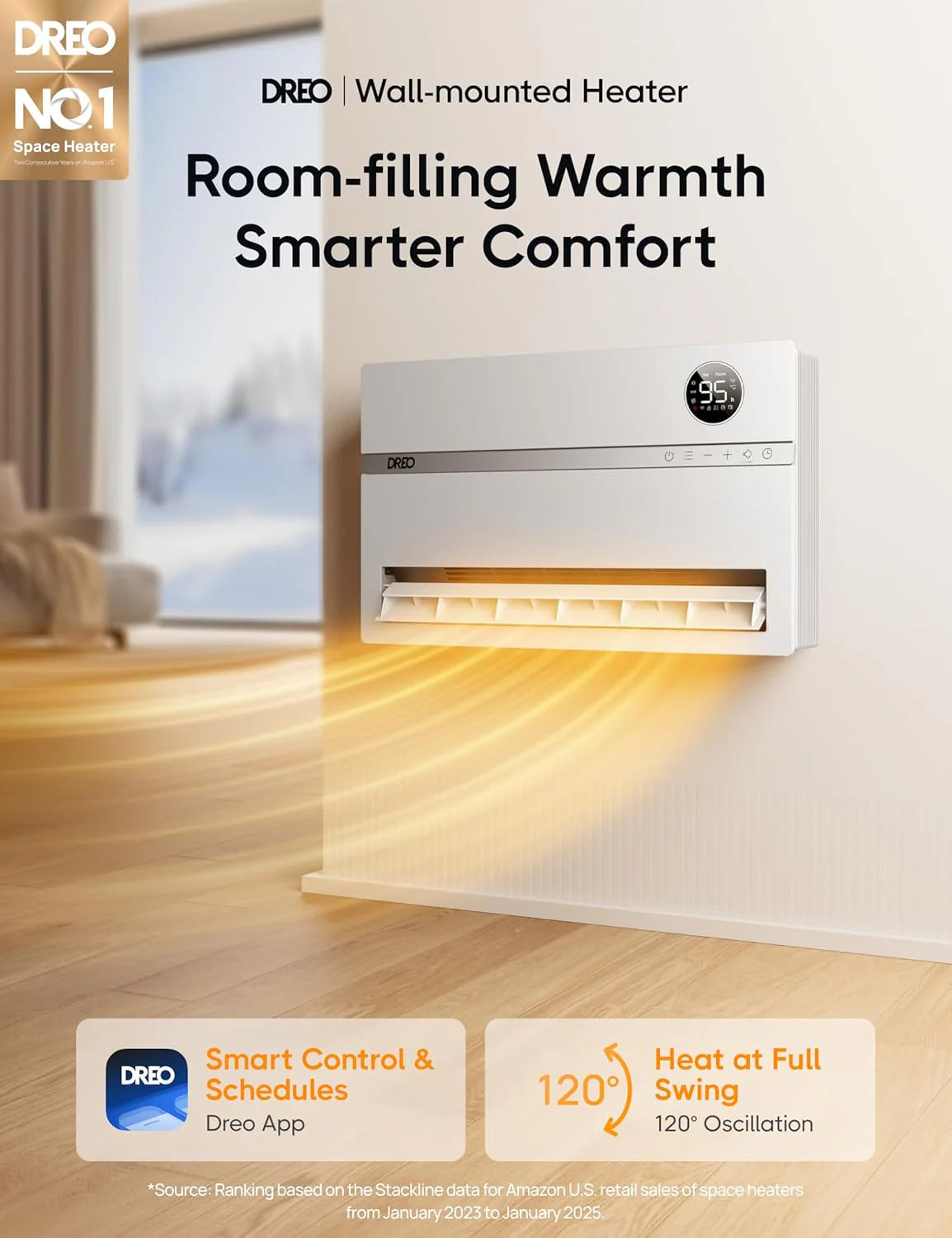 Dreo Smart Wall Heater, Electric Space Heater for Bedroom 1500W, 120�� Vertical Oscillation, Adjustable Thermostat, Remote Control, 24H Timer, Easy-Mount Heater for Indoor Use, Works with Alexa, WH719S