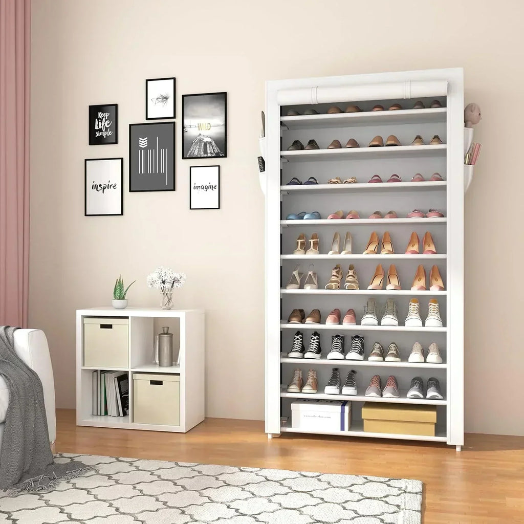 ROJASOP 10 Tier Shoe Rack with Covers Large Capacity Stackable Tall Shoe Shelf Storage