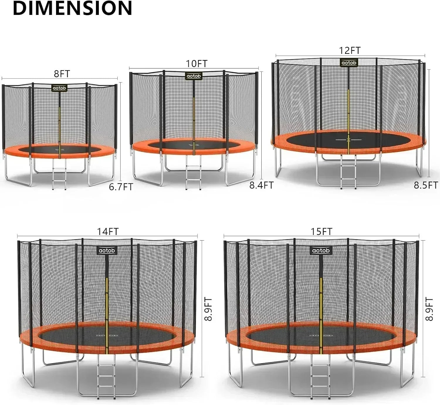 AOTOB 8FT 10FT 12FT 14 FT 15FT Trampoline with Safety Enclosure Net Outdoor Trampoline