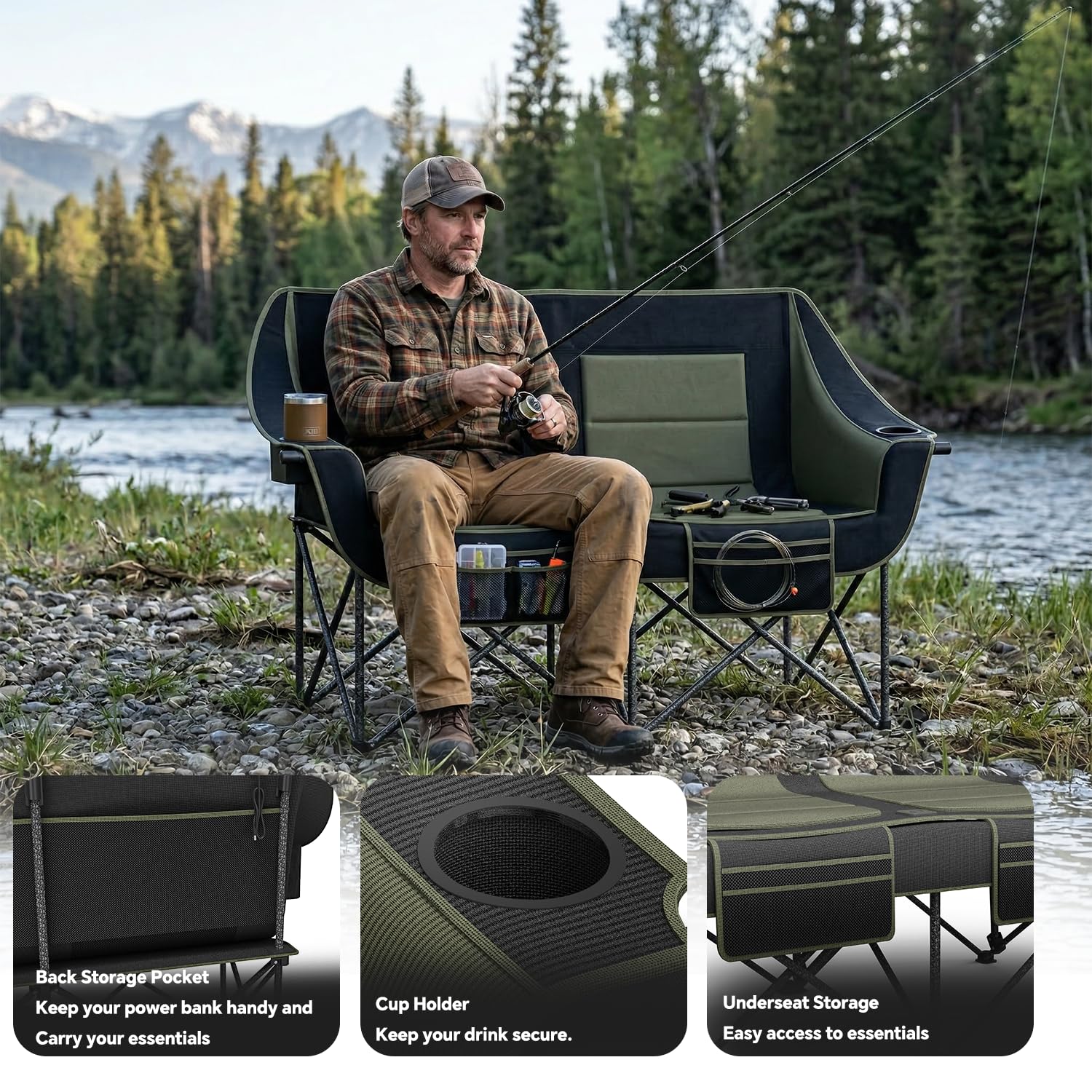 Oversized Heavy Duty Folding Camping Chair for Two Adults Loveseat with Cup Holders and Carry Bag 660 lbs
