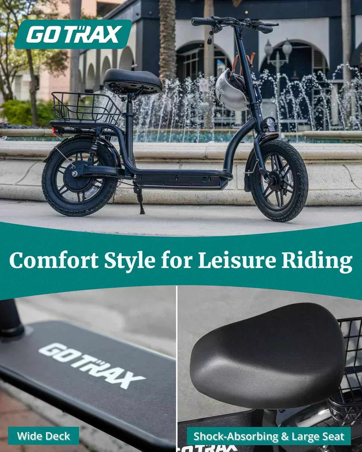 Gotrax adult electric scooter with seat maximum range of 19-25 miles all-terrain tires wide pedals