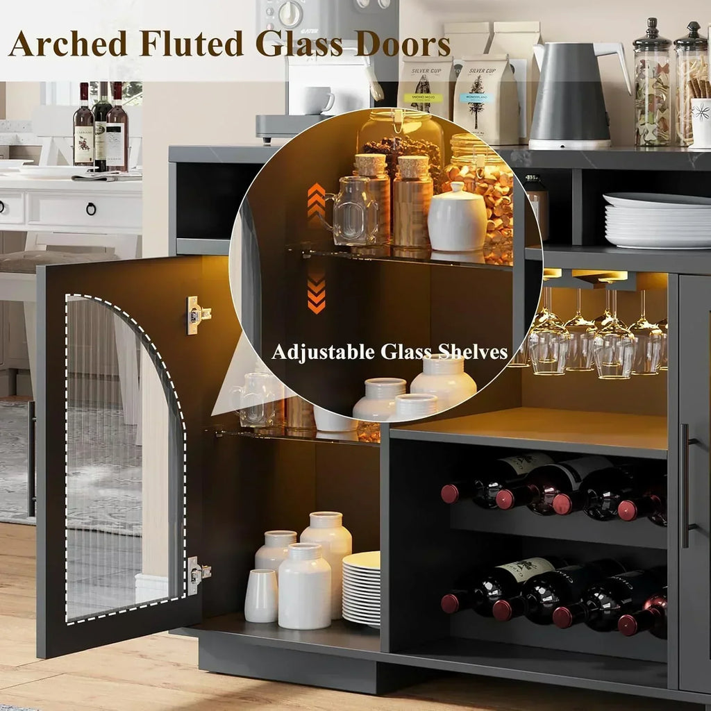 Sideboard 54-inch kitchen cabinet with LED lights and arched glass doors tall bar cabinet