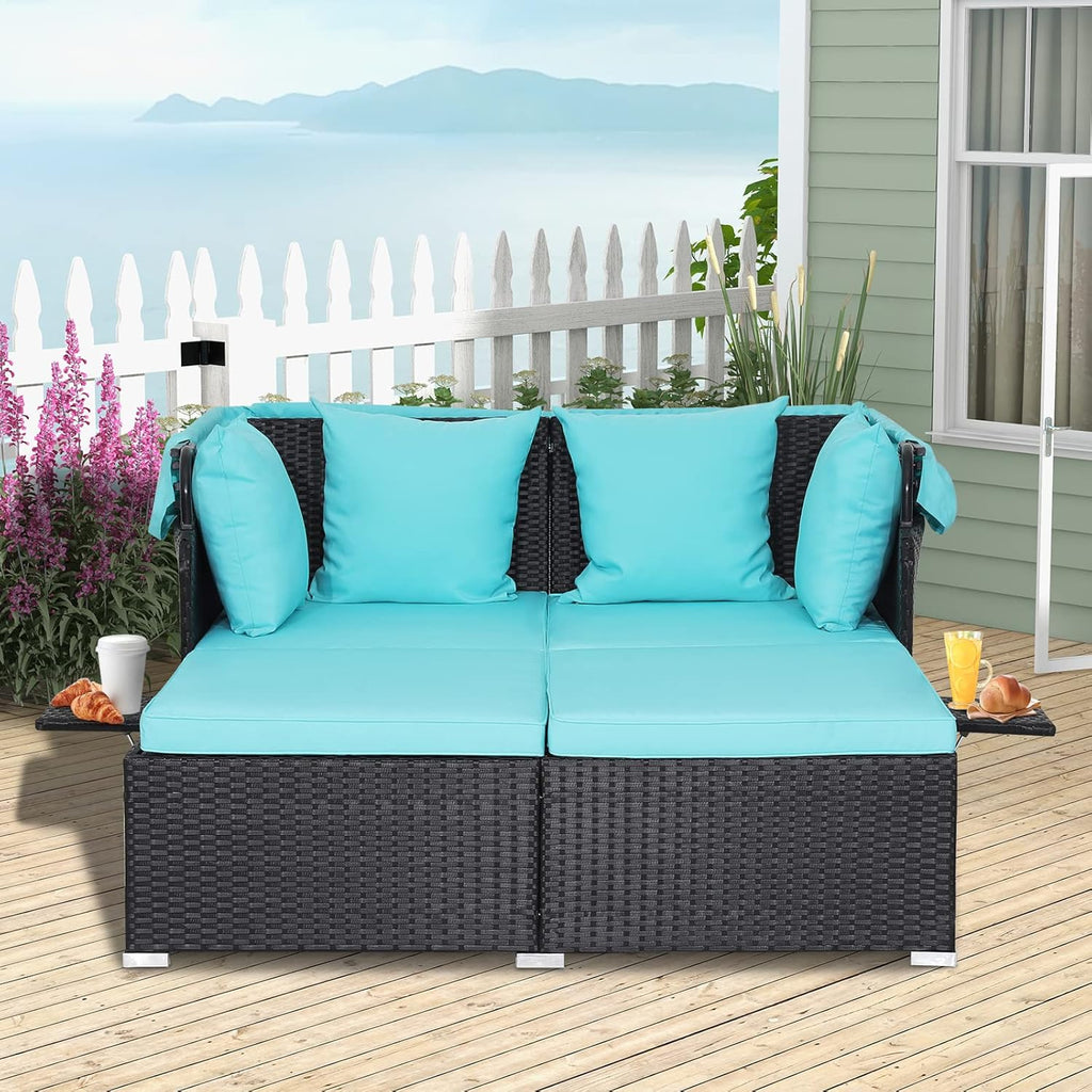 RELAX4LIFE Patio Outdoor Daybed with Canopy Wicker Sunbed Cushions 4 Pillows
