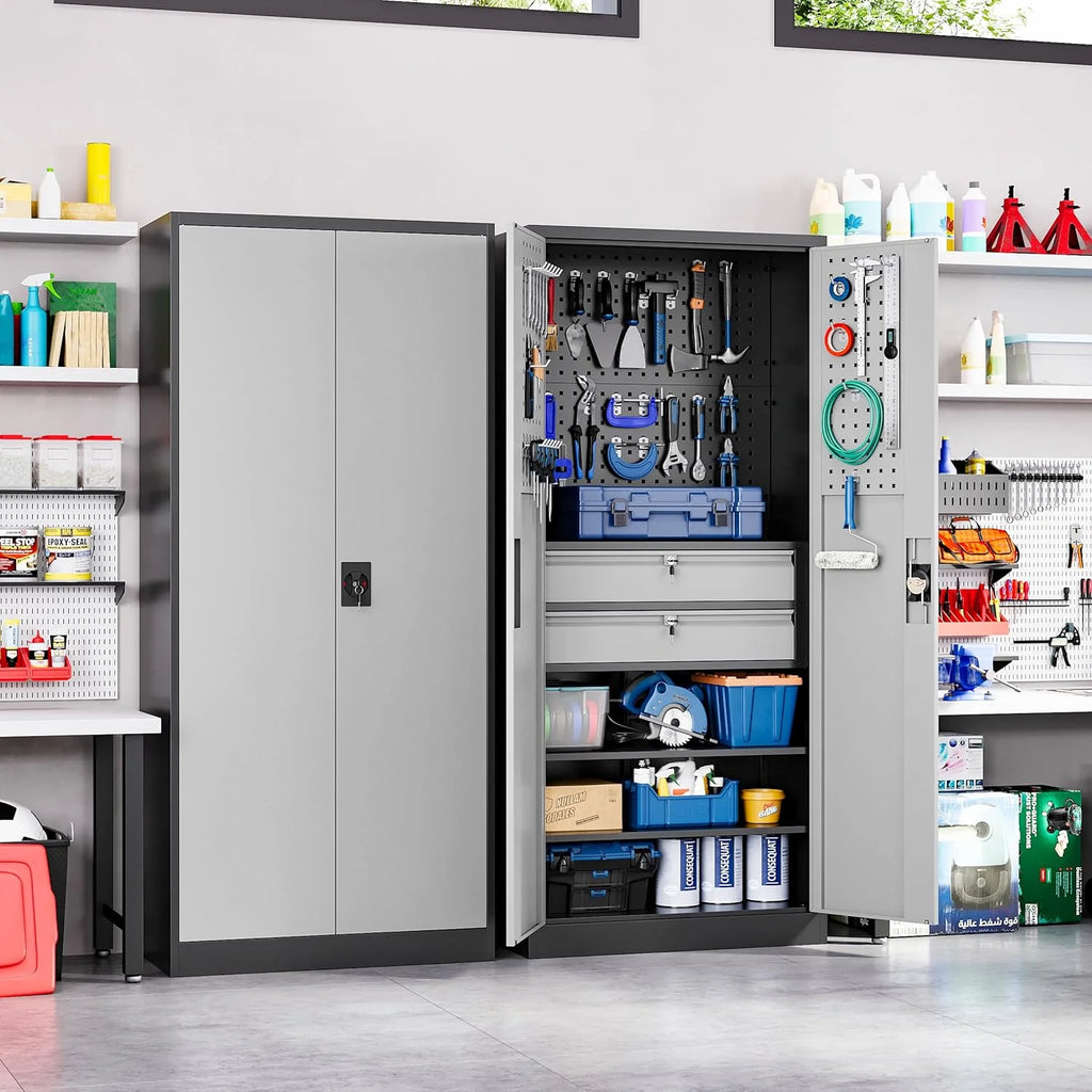 Yizosh Metal Garage Storage Cabinet with Locking Doors and 2 Drawers, Heavy Duty Steel Tool Cabinet with Pegboard, 71 - Lockable Cabinets for Garage, Warehouse, Basement (Black)