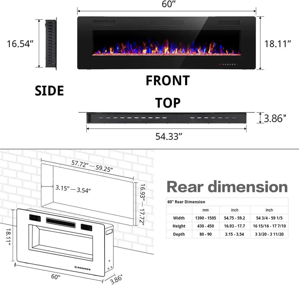 R.W.FLAME 60 Recessed and Wall Mounted Electric Fireplace Low Noise Fit for 2 x 6 Stud