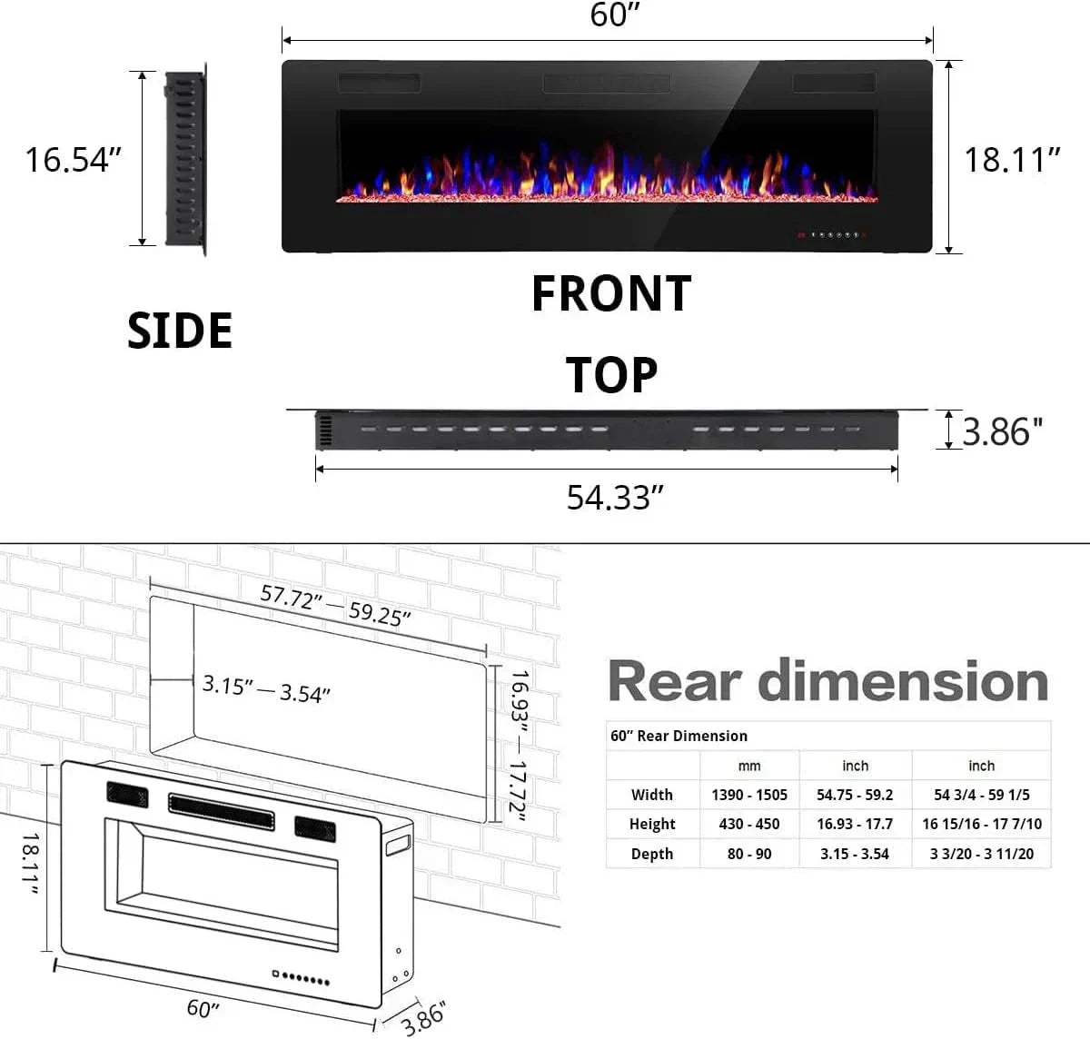 R.W.FLAME 60 Recessed and Wall Mounted Electric Fireplace Low Noise Fit for 2 x 6 Stud