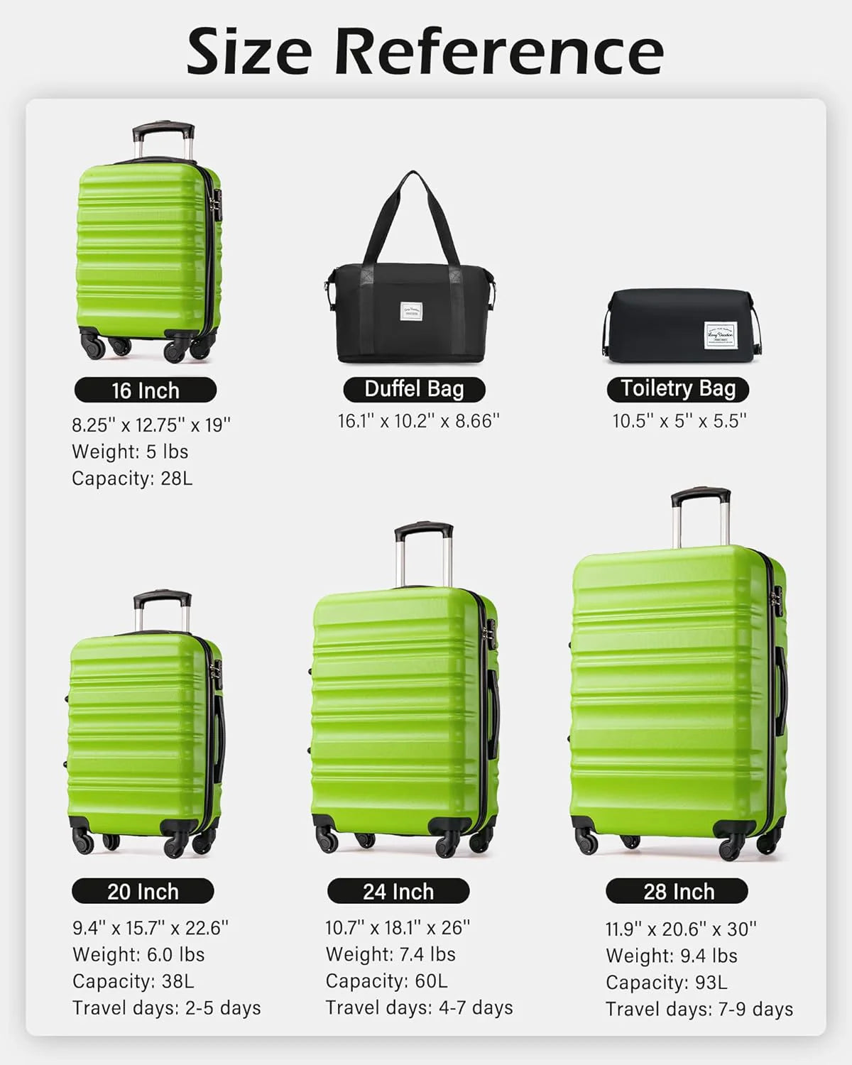 LONG VACATION 6 Piece Luggage Set Carry on Suitcase with ABS+PC hardshell, Spinner Wheels & YKK Zipper TSA Lock