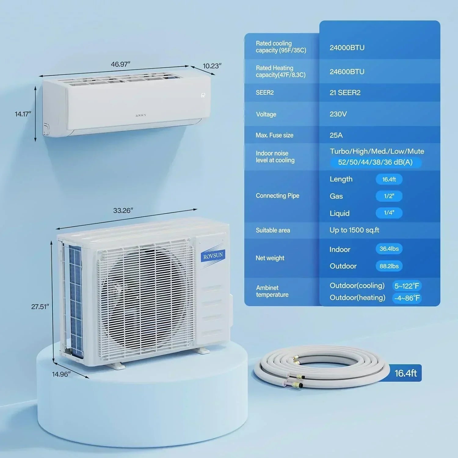 ROVSUN 9000 BTU Wifi Enabled Mini Split Air Conditioner Heater Inverter 19 SEER2 Energy Saving