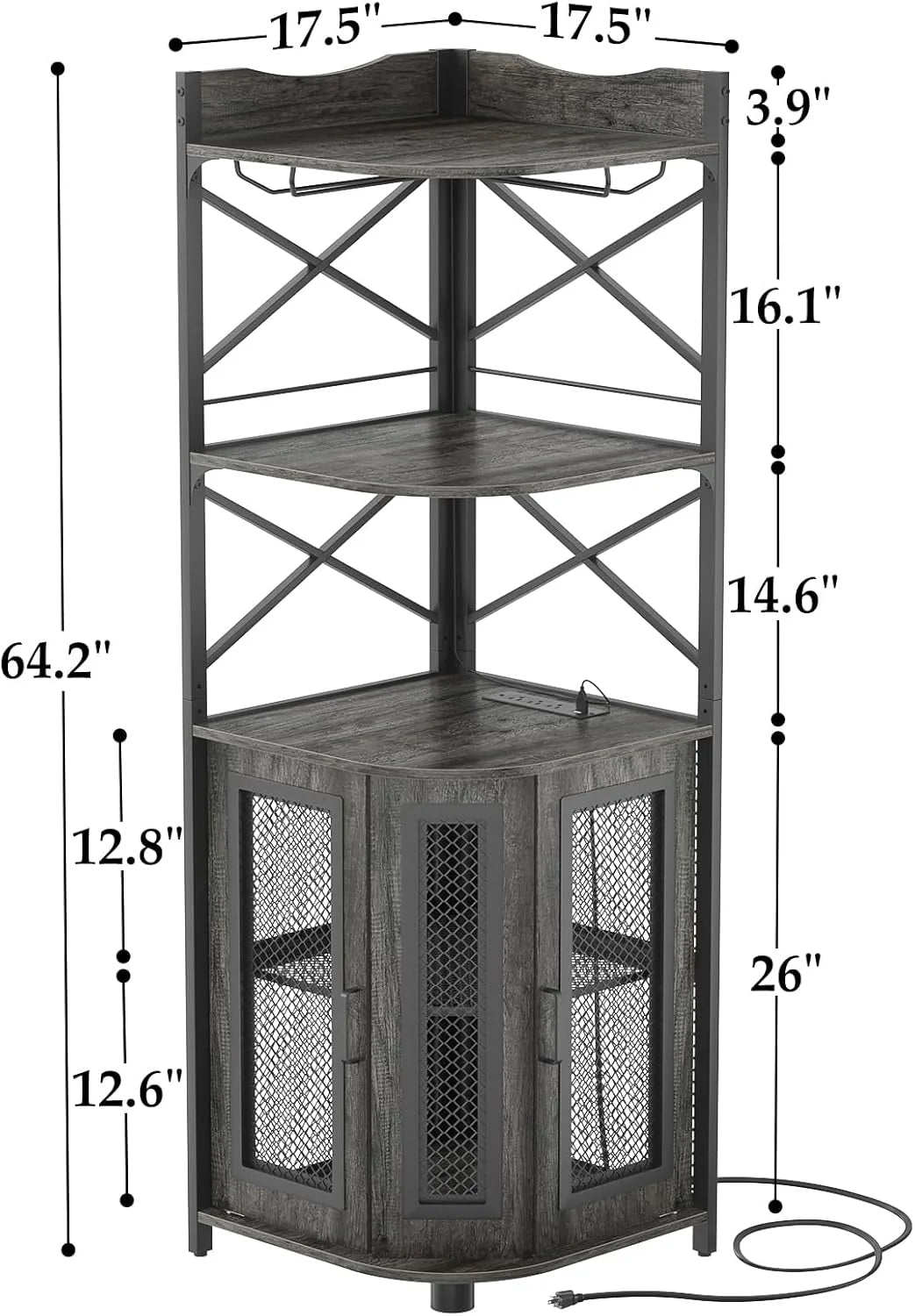 Aheaplus Corner Bar Cabinet with Power Outlet, Industrial Wine Cabinet with LED Strip and Glass Holder, 5-Tiers Liquor Cabinet Bar Unit for Home, Corner Display Cabinet for Small Space, White Oak