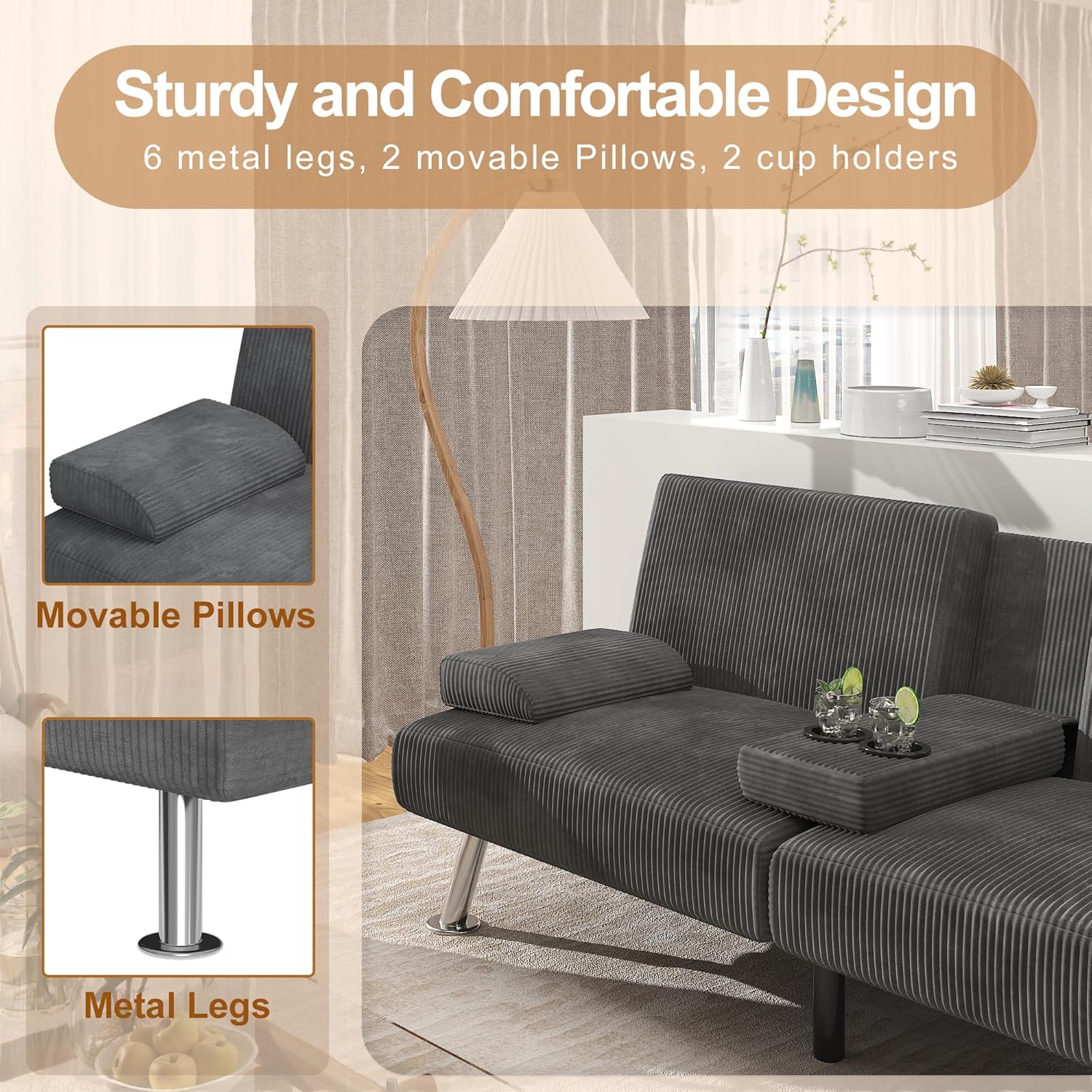 Shahoo Modern Linen Upholstered Convertible Folding Futon Sofa Bed with Removable Armrests