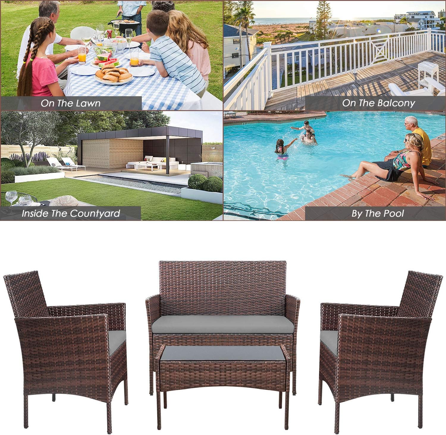Homall 4 Pieces Outdoor Patio Furniture Sets Rattan Chair Wicker Set, Outdoor Indoor Use Backyard Porch Garden Poolside Balcony Furniture Sets (Grey)