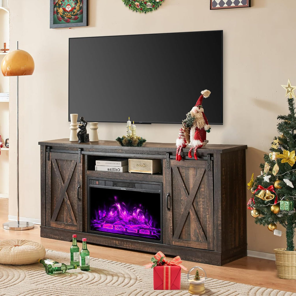 AMERLIFE Fireplace TV Stand with Sliding Barn Door  Farmhouse 63 Fireplace Entertainment Center