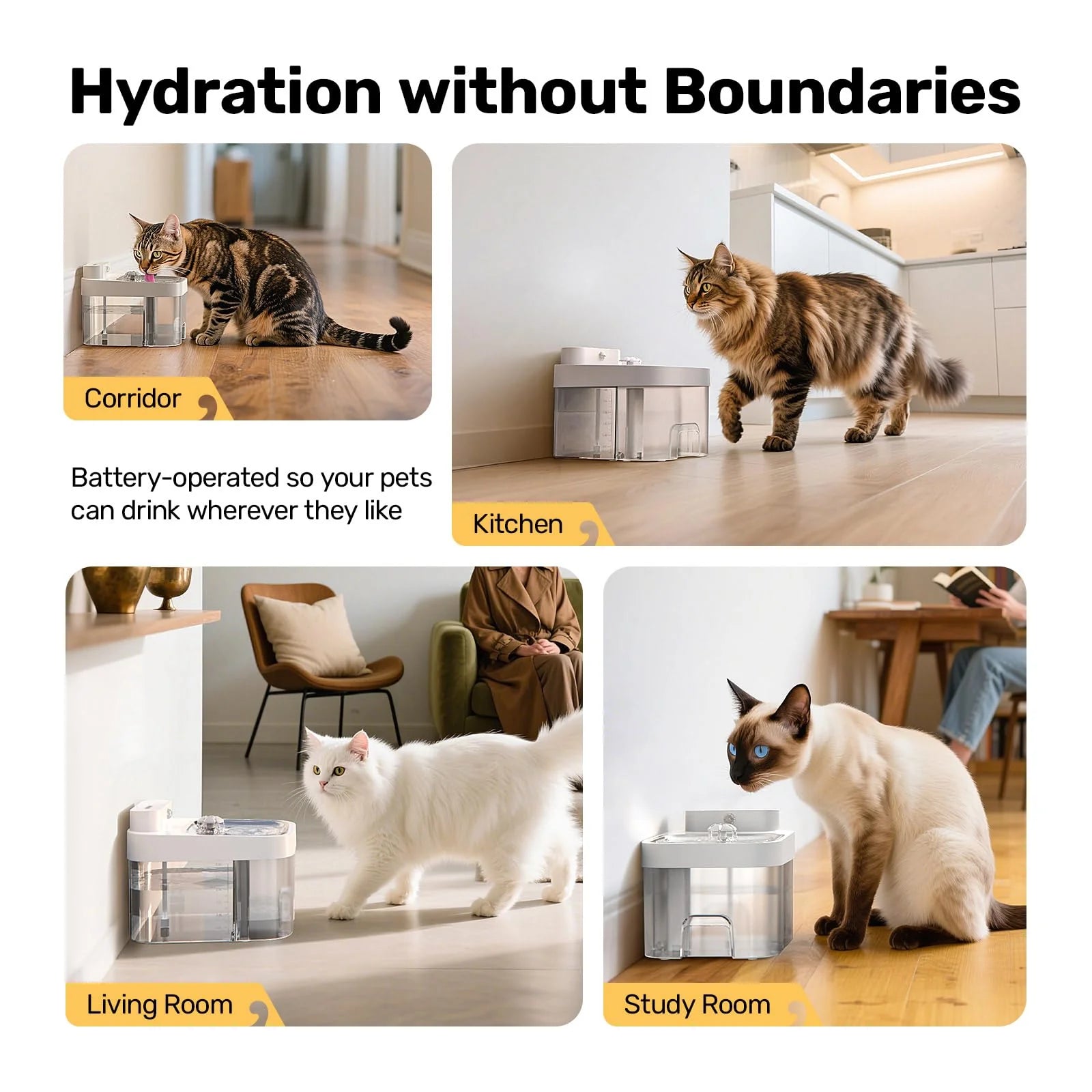 Cat Water Fountain Dual Tank No Filter 3L Battery Powered with Stainless Steel Tray for Cats