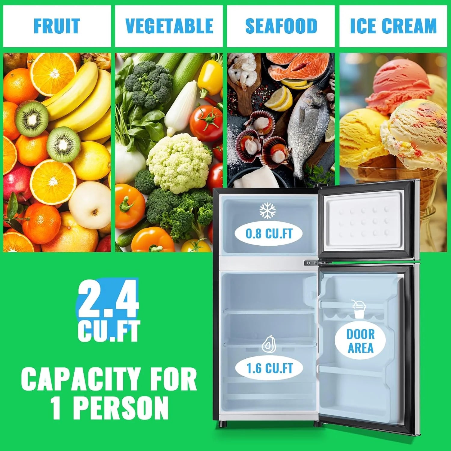 2.4 Cu.Ft Mini Fridge with Freezer & Double Door Small Tiny Size Refrigerator with 7 Temperature Control Knob Only Suitable for One Person Use Black
