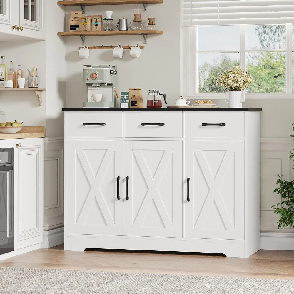 Modern farmhouse sideboard, barn door buffet storage cabinet with drawers and shelves, wooden coffee bar with storage