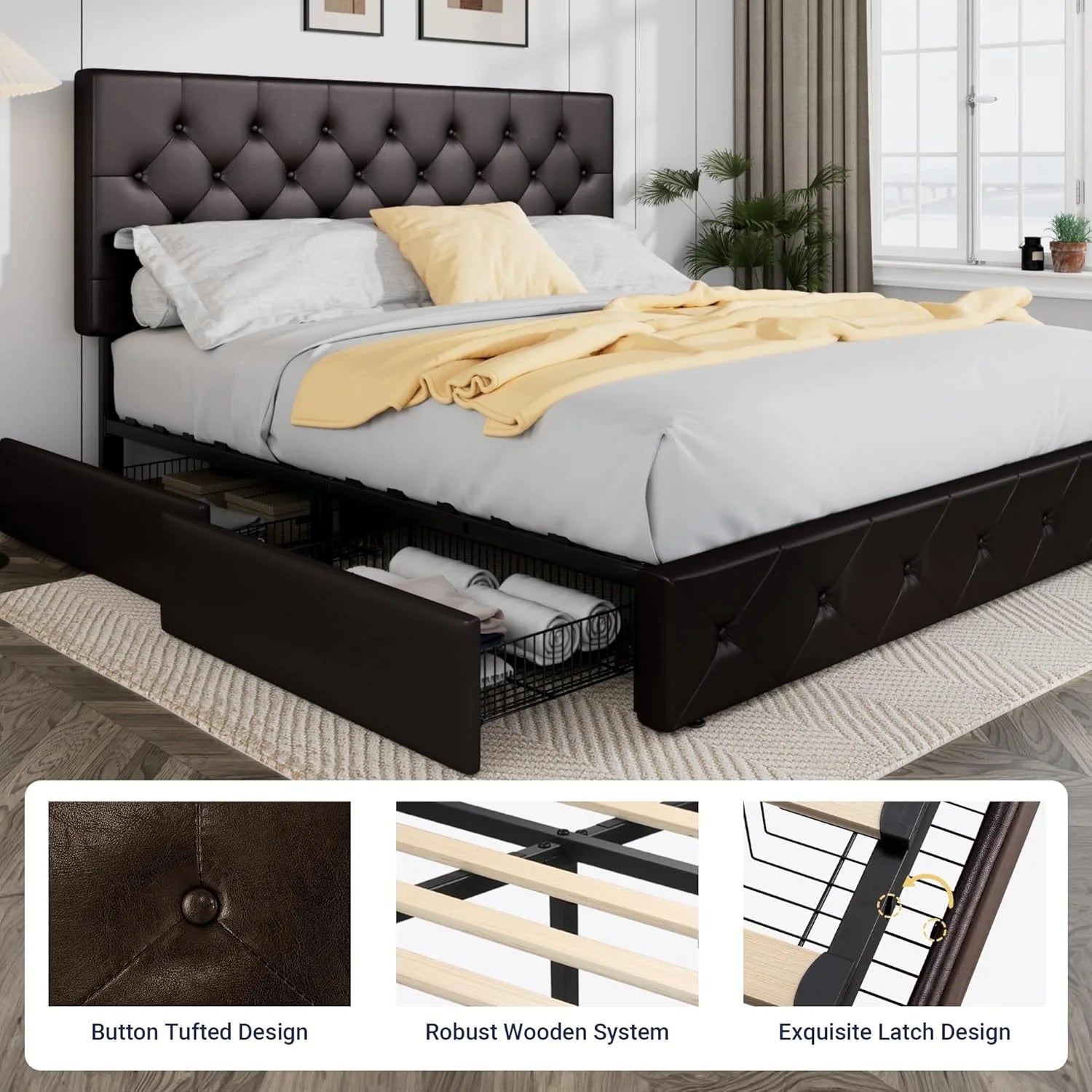 Allewie Upholstered Queen Size Platform Bed Frame with 4 Storage Drawers and Headboard