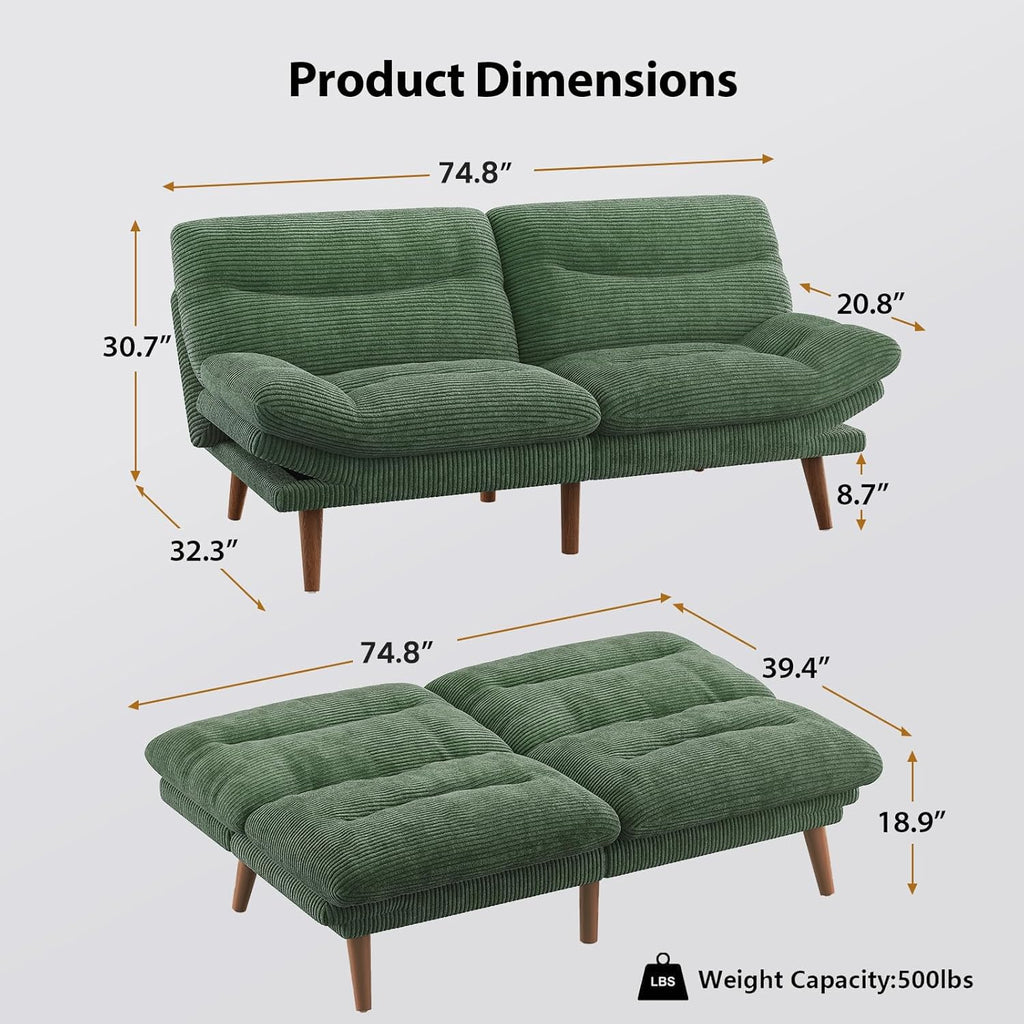 Convertible Futon Sofa Bed, 66 Inch Corduroy Futon Sofa Recliner Sofa Bed for Small Spaces, Playrooms or Offices