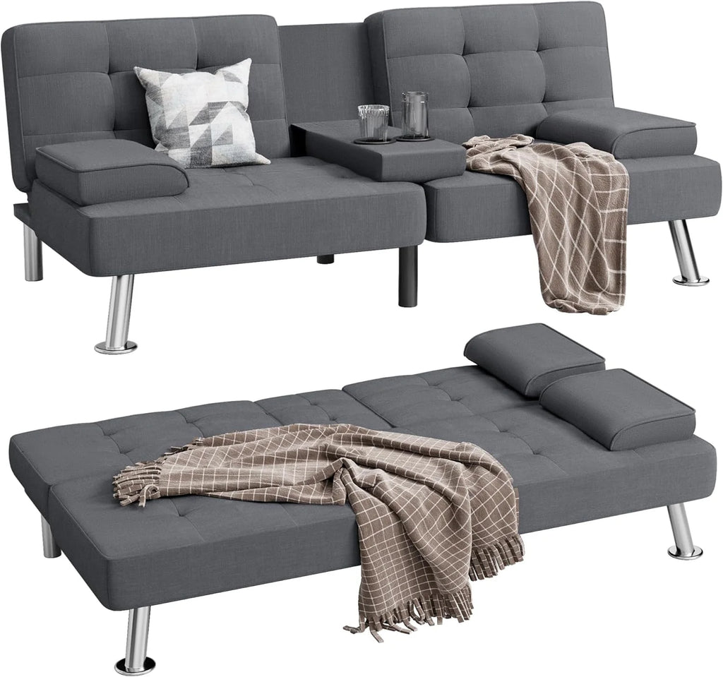 Shahoo Modern Linen Upholstered Convertible Folding Futon Sofa Bed with Removable Armrests