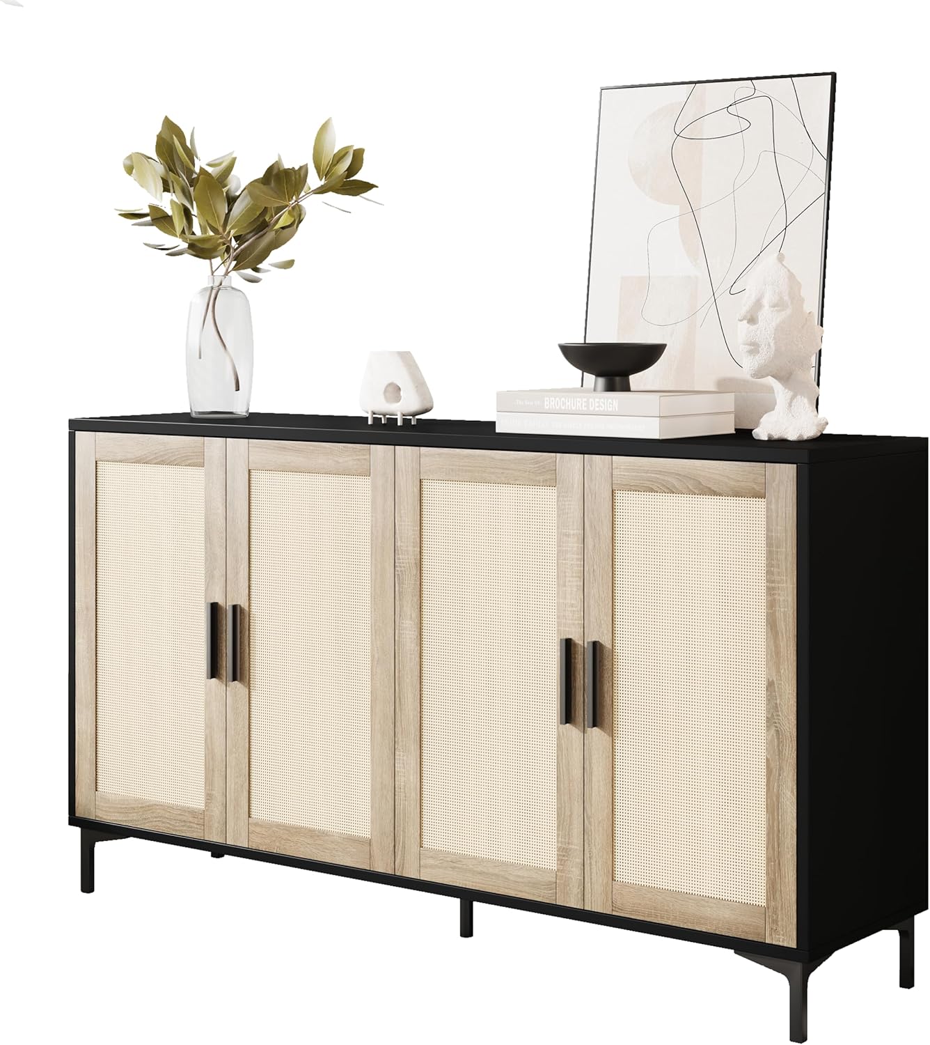 JASIWAY Buffet Cabinet with Storage 48 Rattan Sideboard Adjustable Shelves Modern Coffee Bar