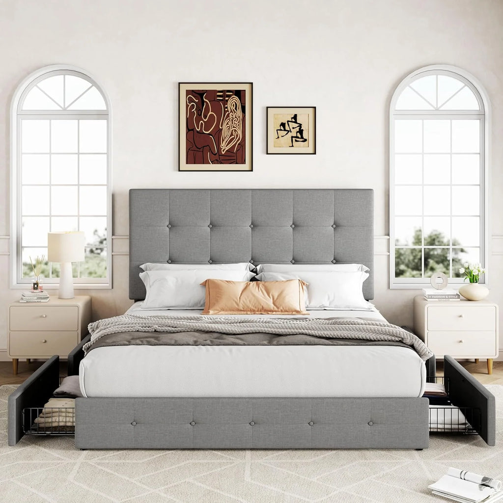 Allewie Upholstered Queen Size Platform Bed Frame with 4 Storage Drawers and Headboard