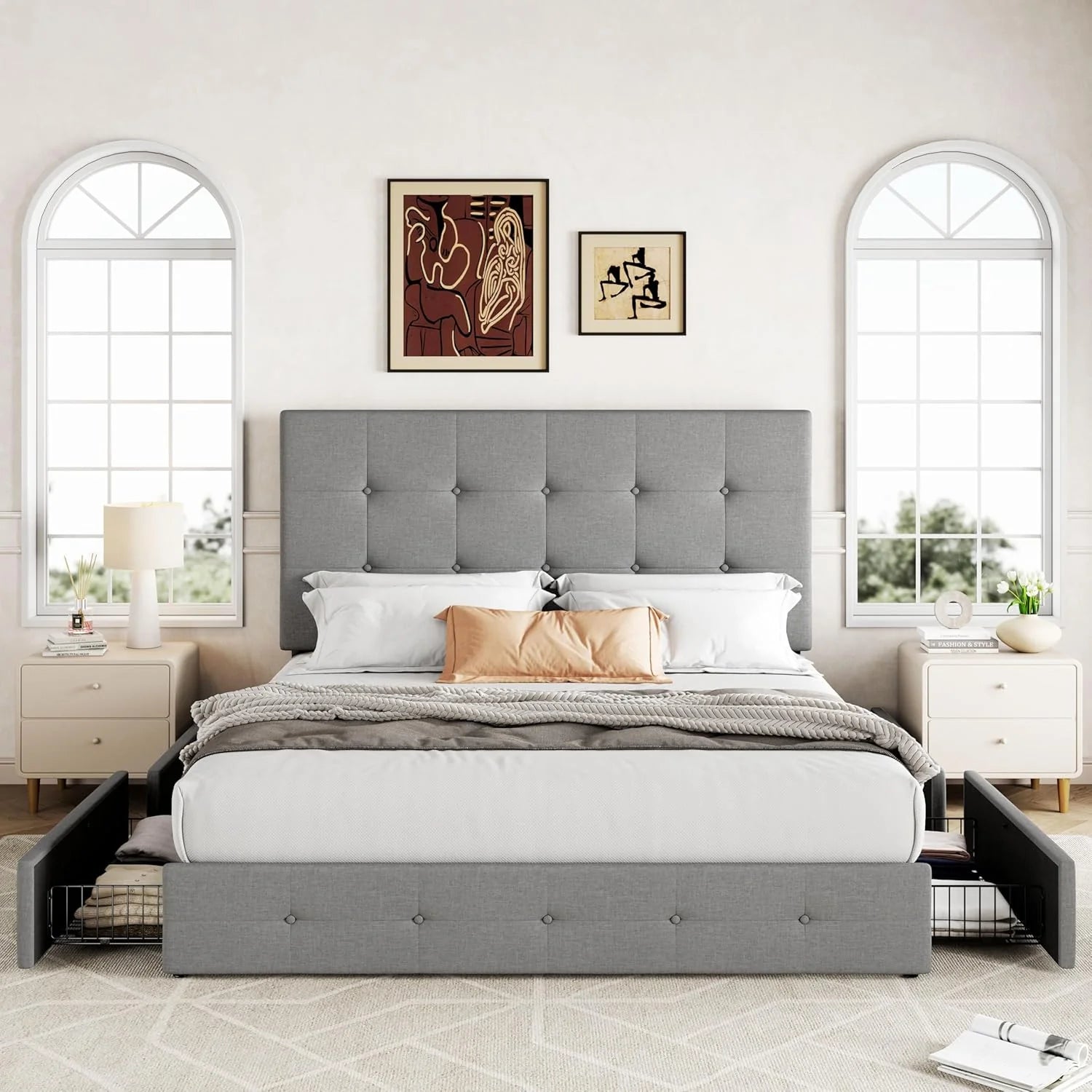 Allewie Upholstered Queen Size Platform Bed Frame with 4 Storage Drawers and Headboard