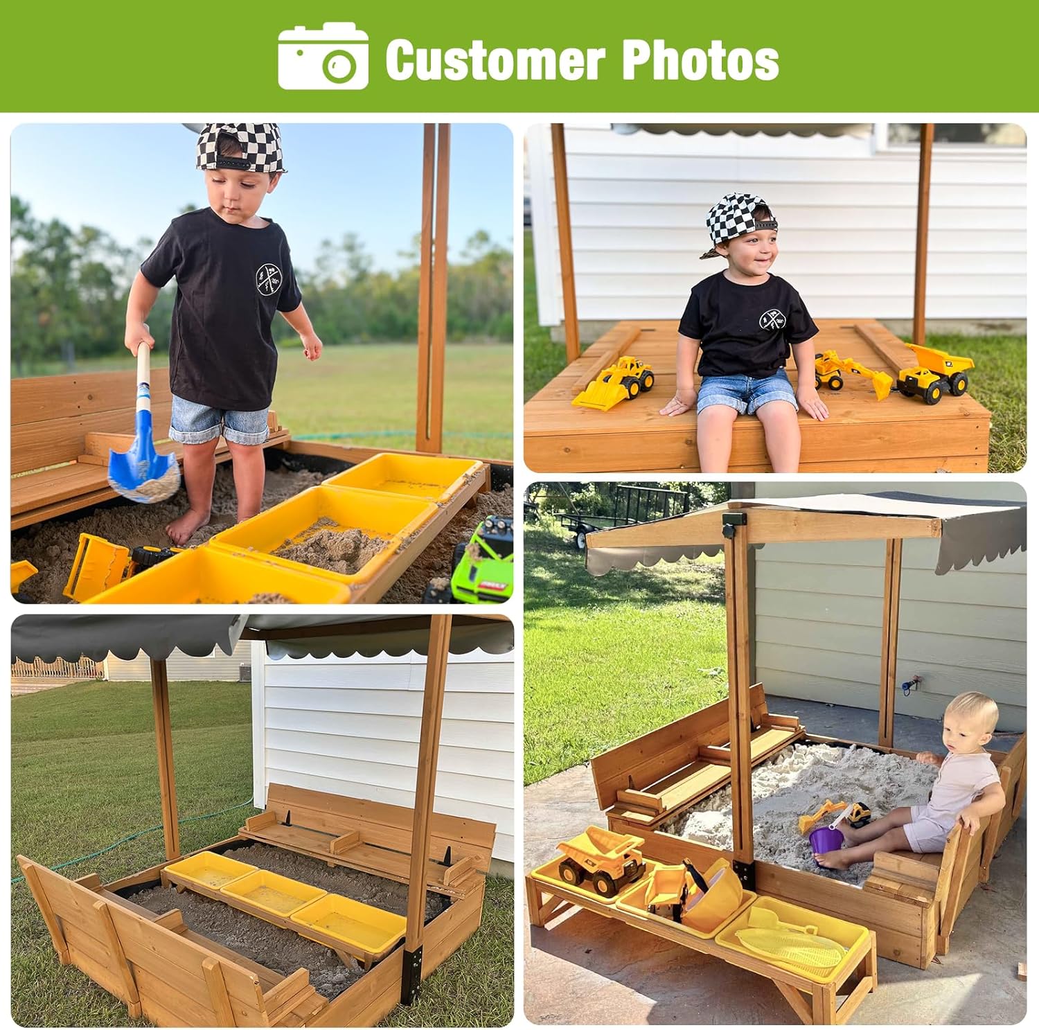 Kids Wooden Outdoor Sandbox Canopy 2 Foldable Bench Seats Retractable Roof Sand Protection Liner