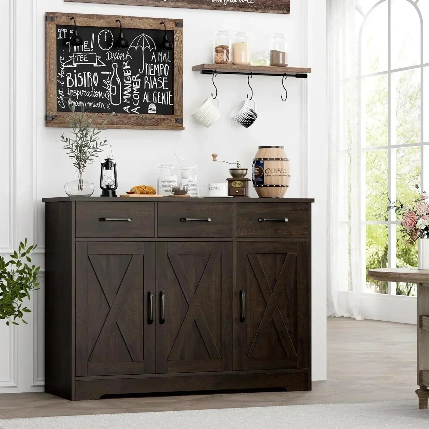 Modern farmhouse sideboard barn door buffet storage cabinet with drawers and shelves