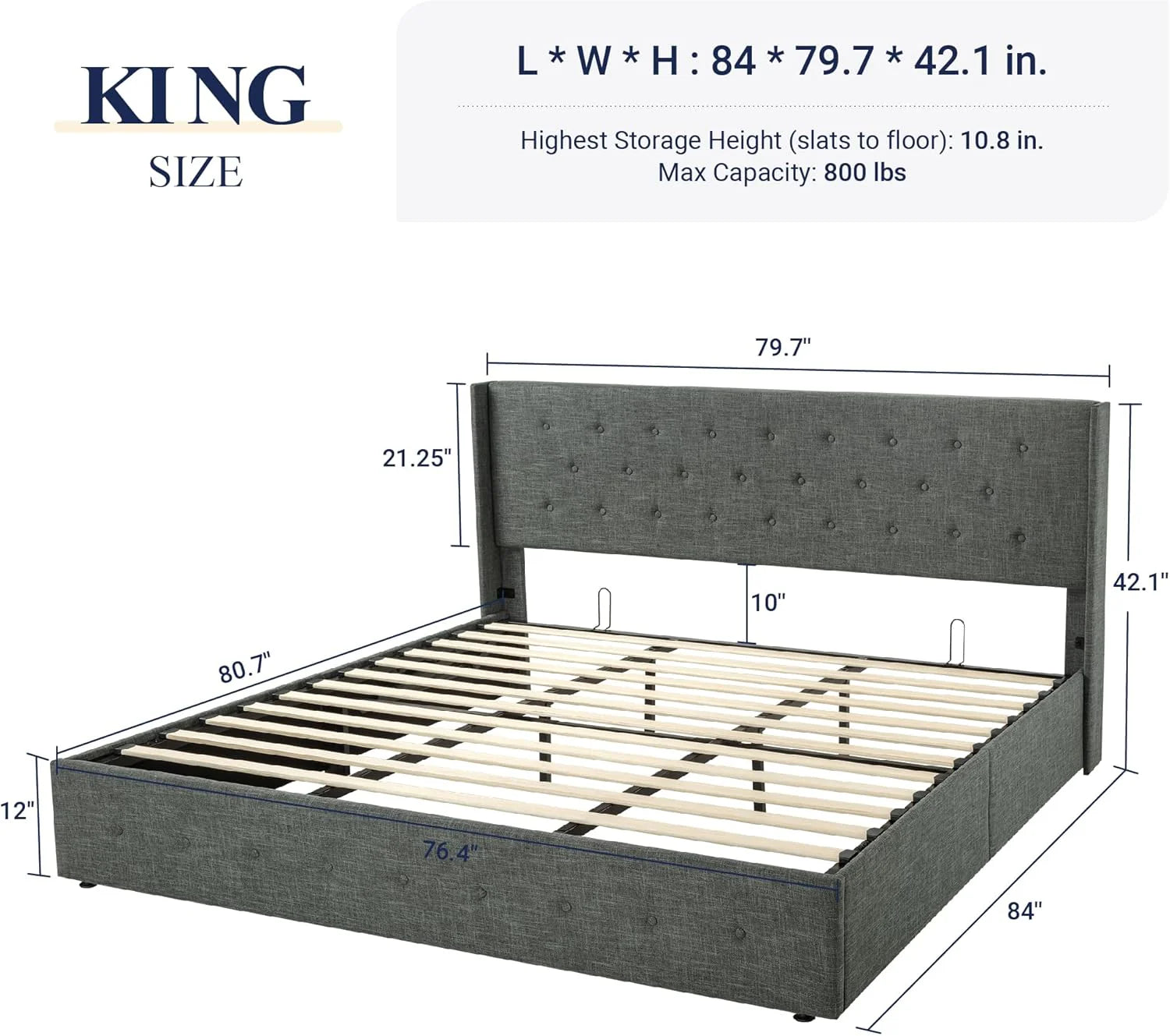 Allewie Queen Size Lift Up Storage Bed Modern Wingback Headboard Hydraulic Support