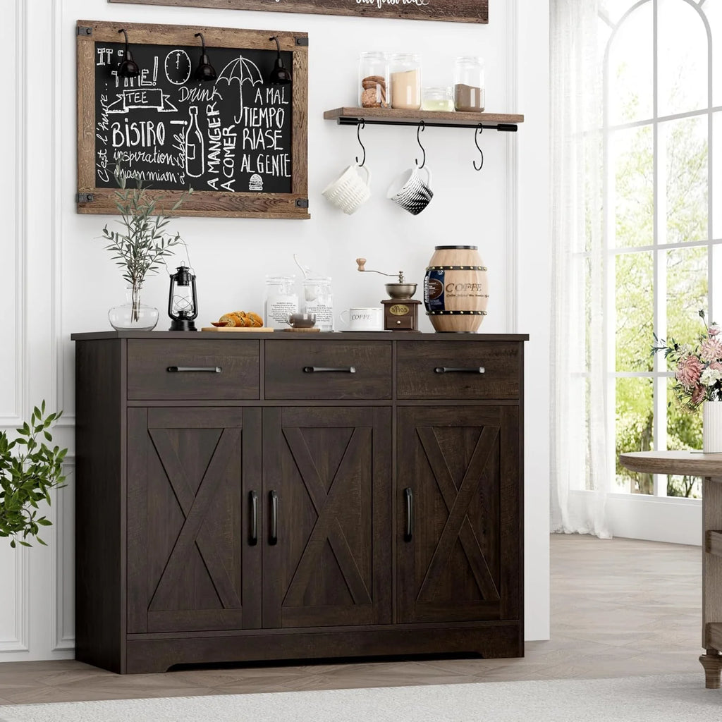 Modern farmhouse sideboard, barn door buffet storage cabinet with drawers and shelves, wooden coffee bar with storage
