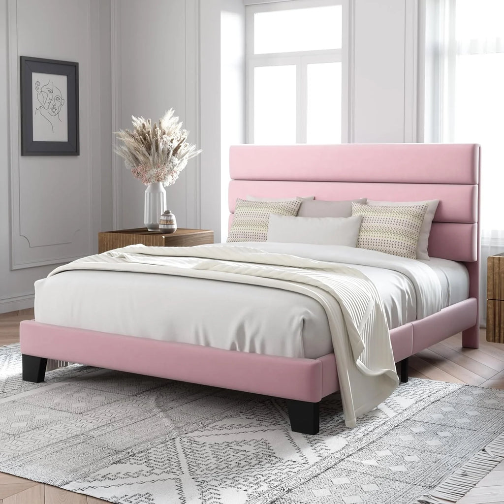 Allewie Queen Size Platform Bed Frame Fabric Upholstered Headboard Wooden Slats Support