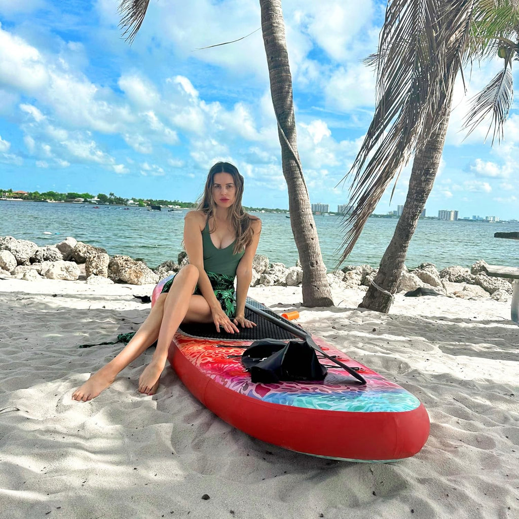Inflatable wide SUP board with SUP carrying bag, hand pump, 10L waterproof bag and adjustable paddle