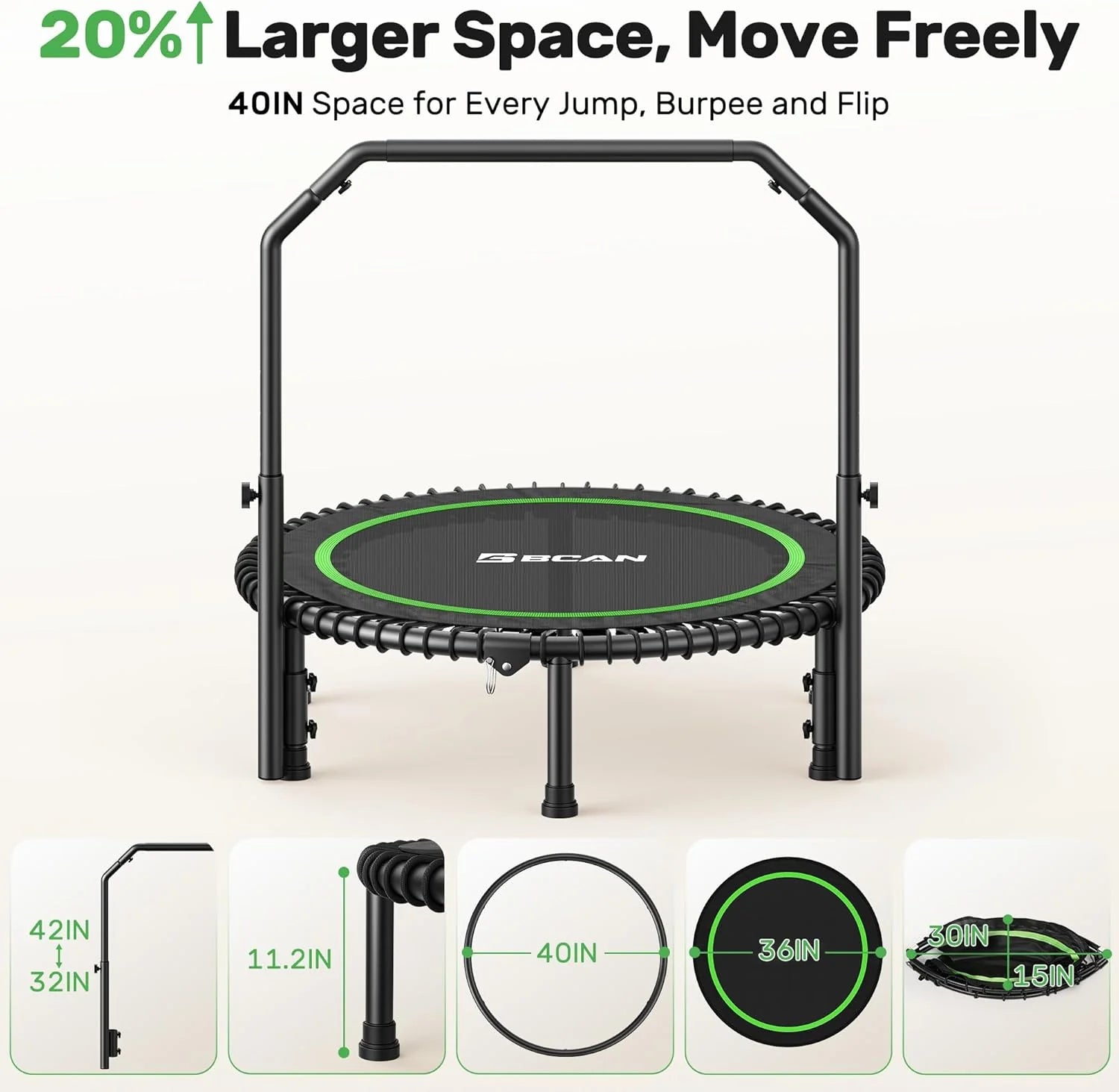 BCAN 450/550 LBS Foldable Mini Trampoline, 40/48 Fitness Trampoline with Bungees, U Shape Adjustable Foam Handle, Stable & Quiet Exercise Rebounder for Adults Indoor/Outdoor Workout