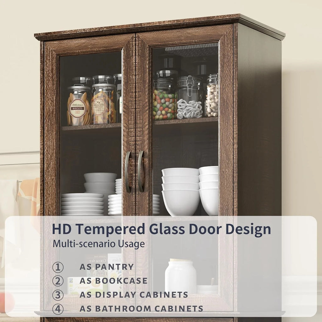 Kitchen Hutch Pantry Cabinet 71 Tall with Glass Doors