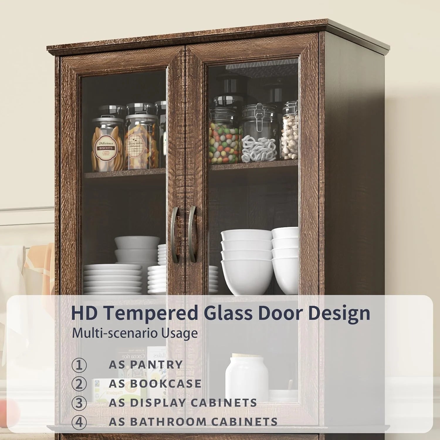 Kitchen Hutch Pantry Cabinet 71 Tall with Glass Doors