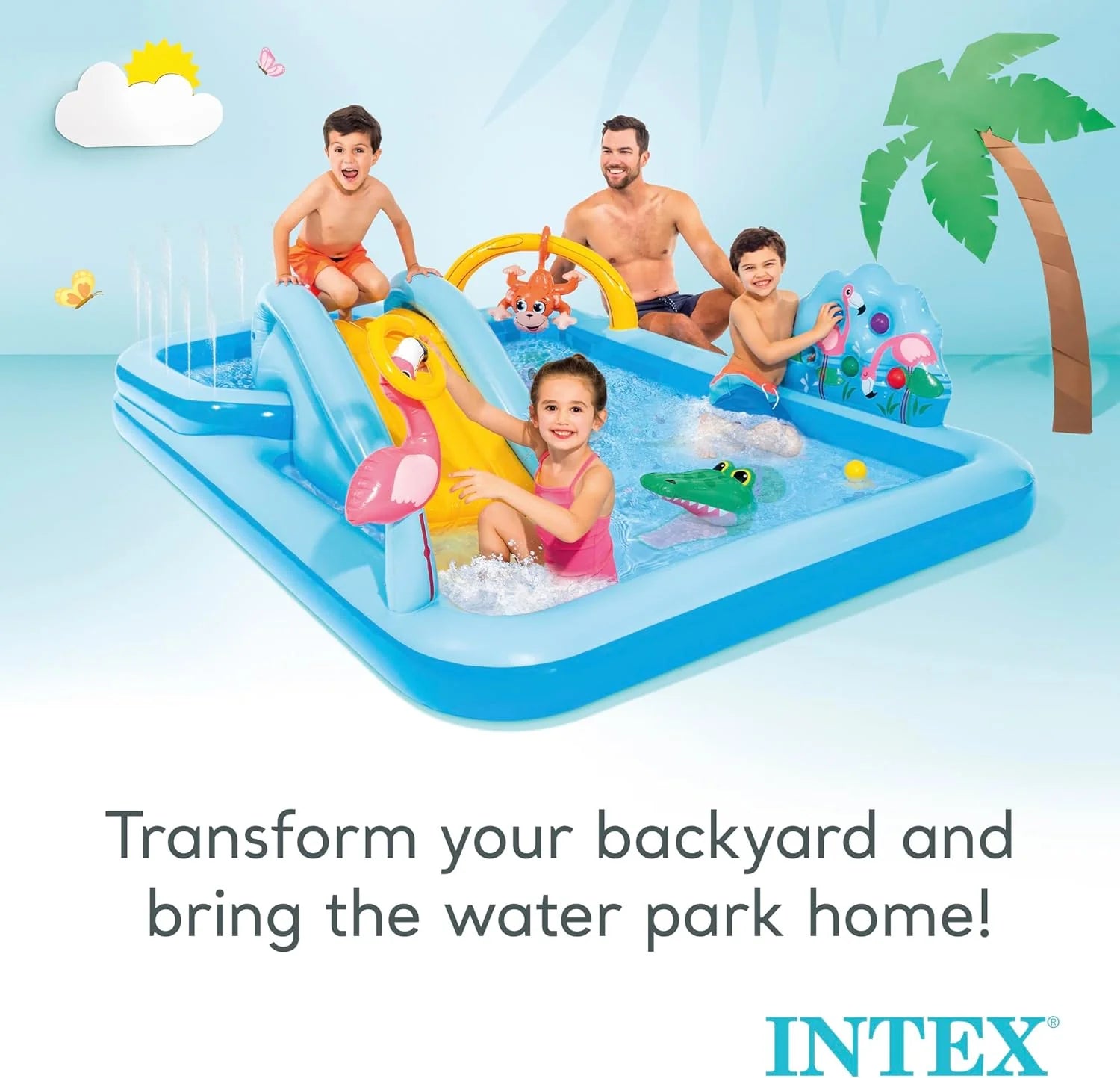 Intex 96 x 78 x 28 Inflatable Jungle Adventure Play Center Spray Kiddie Pool - Backyard Kids Water Slide, Outdoor Blow-Up Splash Pad for Toddlers