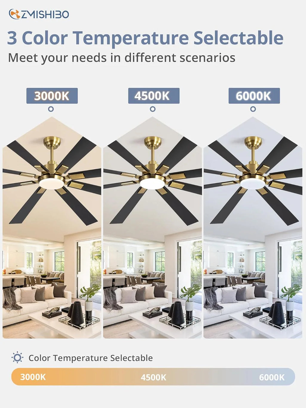 ZMISHIBO 72 inch Large Ceiling Fans with Lights and Remote, Indoor/Outdoor Black Modern Ceiling Fan for Kitchen Living Room Patio, 6 Speed Reversible Quiet DC Motor, 3 CCT, Dual Finish 8 Blades