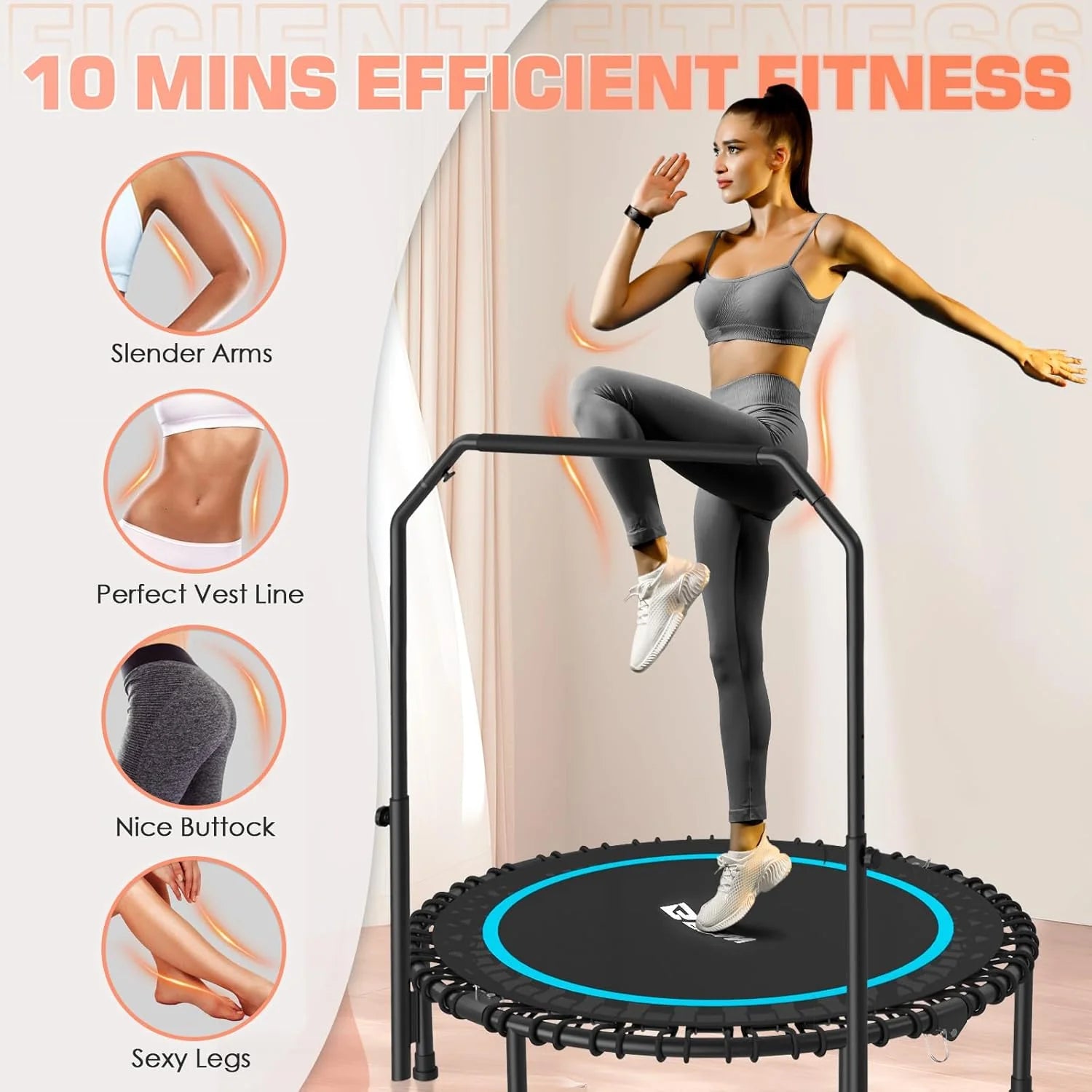 BCAN 450/550 LBS Foldable Mini Trampoline, 40/48 Fitness Trampoline with Bungees, U Shape Adjustable Foam Handle, Stable & Quiet Exercise Rebounder for Adults Indoor/Outdoor Workout