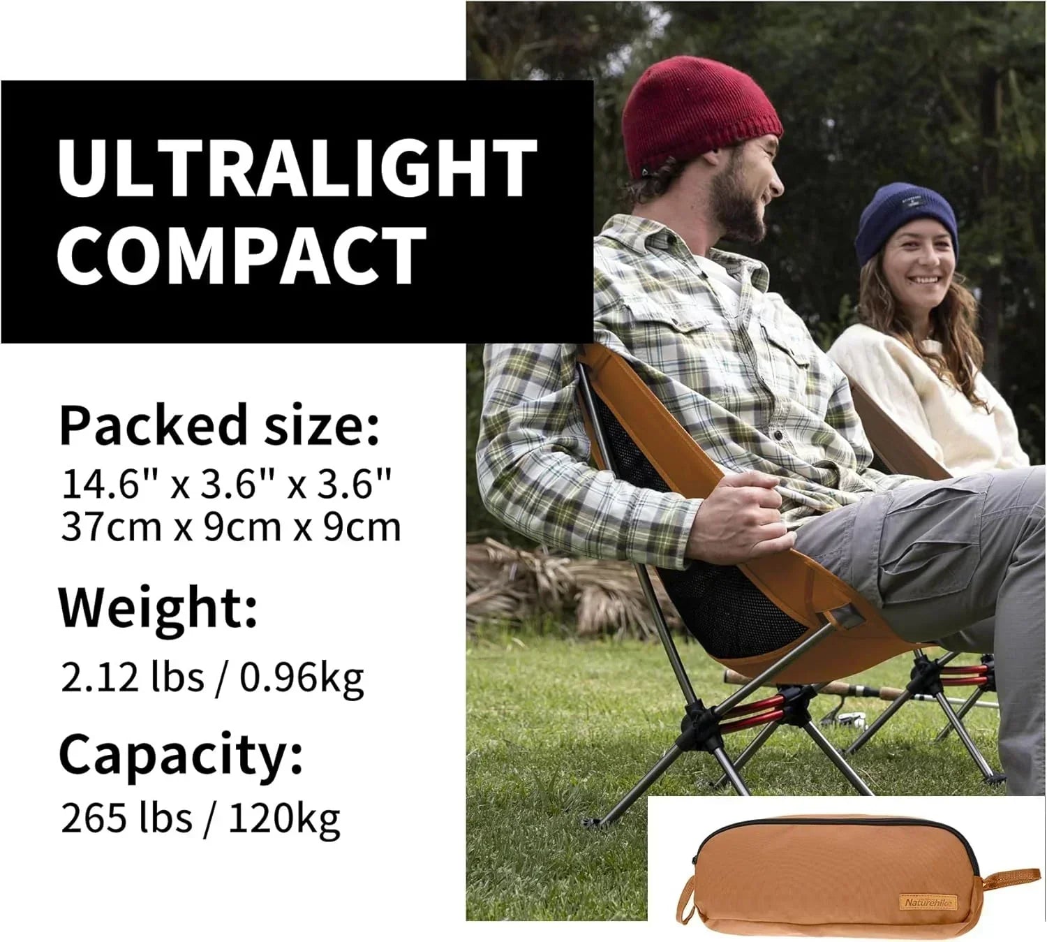 Ultralight Camping Chair 2.12 lbs Portable Backpacking Chair Folding Hiking Chair