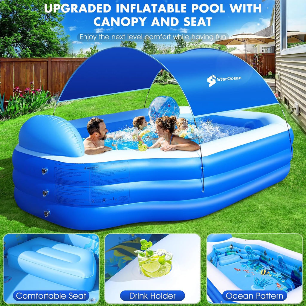 Inflatable Pool with Canopy, Large Inflatable Swimming Pool for Kids,Adult, Blow Up Pools with Seats,Backrest.Durable Thickened Inflatable Family Pools for Backyard,118x75x22-Dark Blue