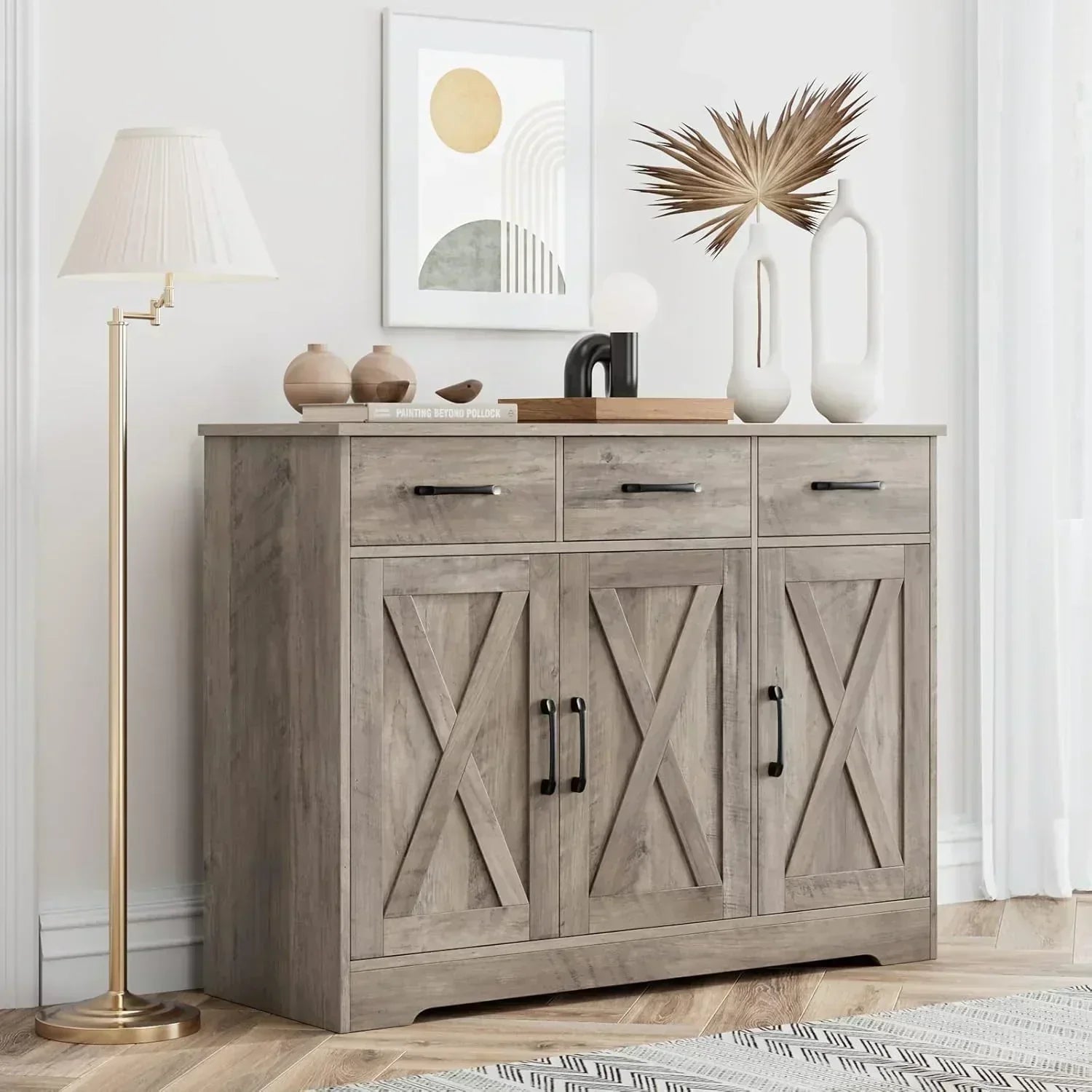 Modern farmhouse sideboard barn door buffet storage cabinet with drawers and shelves