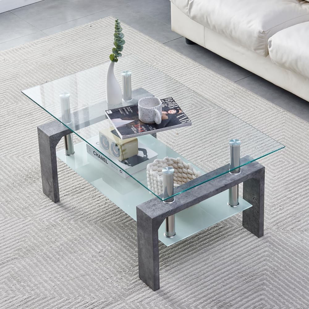 Living Room Rectangle Coffee Table, Tea Table Suitable for Waiting Room, Modern Side Coffee Table with Wooden Leg, Glass Tabletop