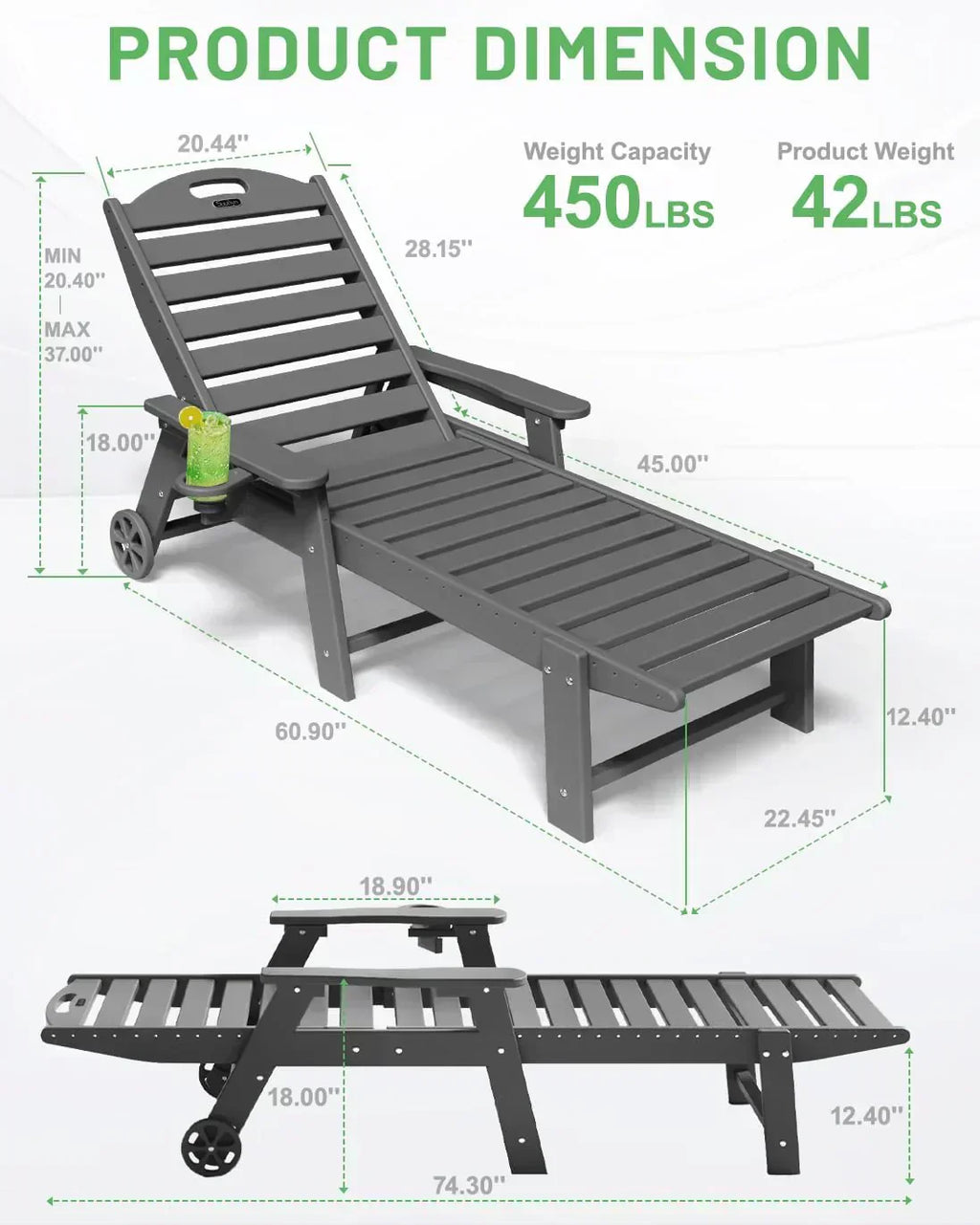Lounge Chair Outdoor Chaise Lounge HDPE 6-Position Outdoor Chaise Lounge Patio Lounge Chair