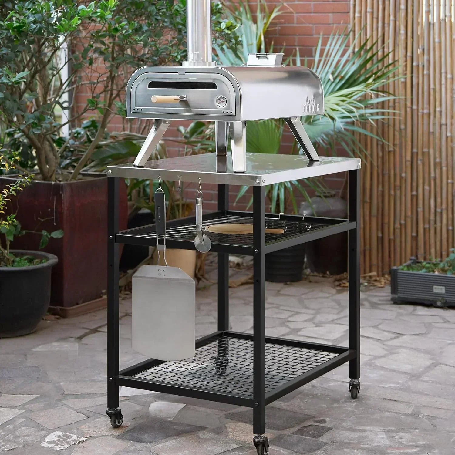 Stainless Steel Outdoor Grill Cart Pizza Oven Stand Trolley Table with Wheels Three-Shelf