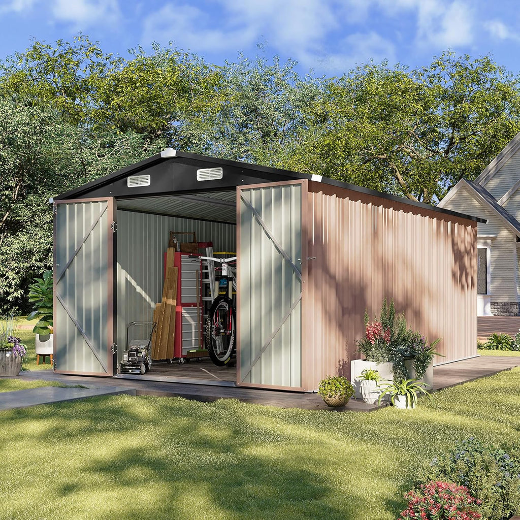 Aoxun 12x10 FT Shed Metal Outdoor Waterproof Storage Shed Steel Utility Garden Tool Shed