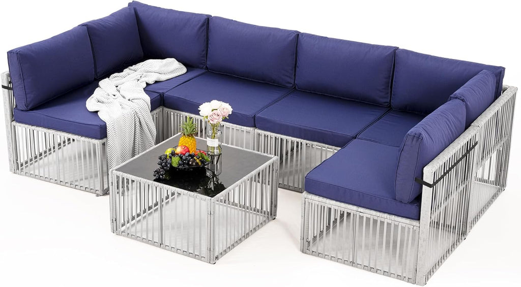 Pamapic 7-Piece Outdoor Sectional Furniture Set, All-Weather Wicker Patio Sofa with Washable Cushions, Gray Waterproof Rattan Conversation Set for Backyard, Poolside, Garden (Gray Cushions)