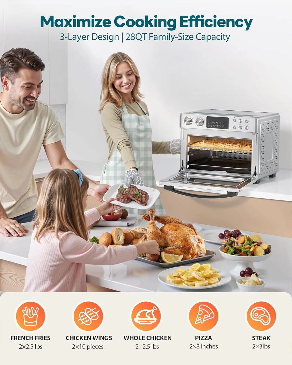 28QT Air Fryer Toaster Oven Combo, Large 12-in-1 Convection Countertop Oven with 3-Layer Cooking, Rotisserie for Chicken, 6 Heating Tubes, Fast Preheat, Fits 11 Pizza, Full Accessories, Sparkle Black
