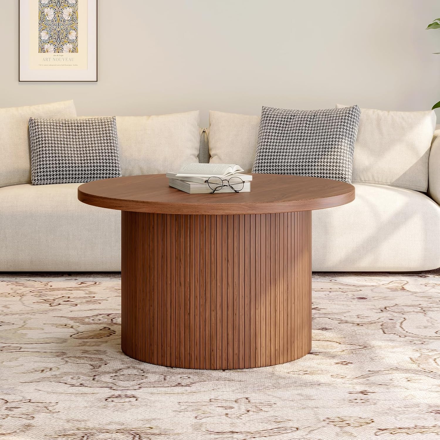 31.5 inch round coffee table living room roll-up coffee table mid-century modern wood coffee table