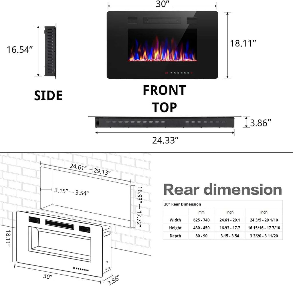 R.W.FLAME 60 Recessed and Wall Mounted Electric Fireplace, Low Noise, Fit for 2 x 6 Stud, Remote Control with Timer, Touch Screen, Adjustable Flame Color and Speed, 750-1500W