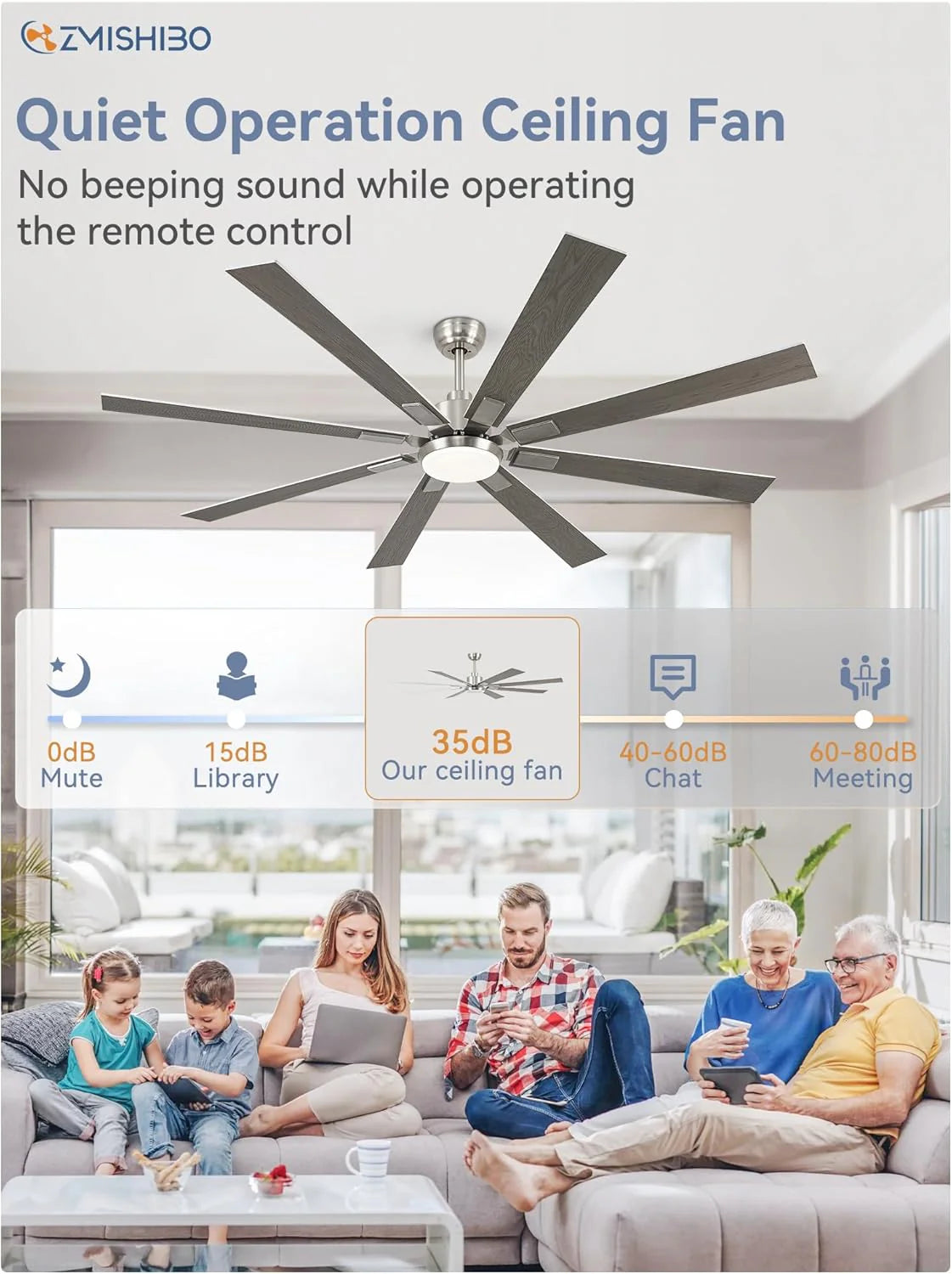ZMISHIBO 72 inch Large Ceiling Fans with Lights and Remote, Indoor/Outdoor Black Modern Ceiling Fan for Kitchen Living Room Patio, 6 Speed Reversible Quiet DC Motor, 3 CCT, Dual Finish 8 Blades